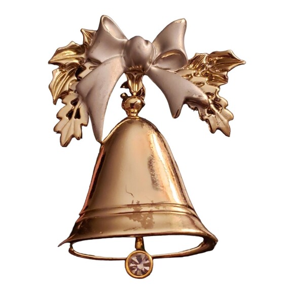 Vintage Goldtone Large Moving Bell With Bow and Crystal Accent Brooch Pin *READ* - Picture 1 of 3